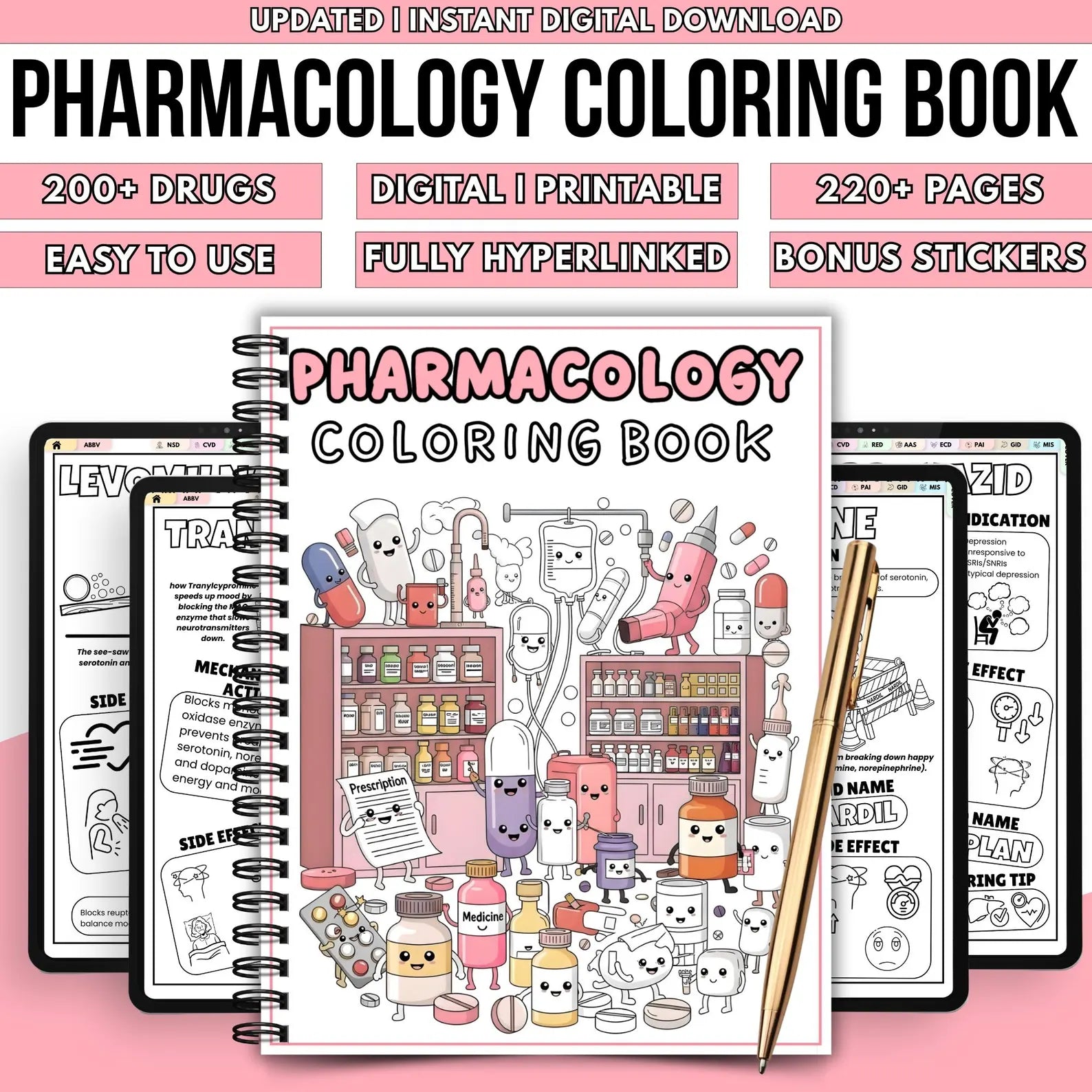 Nursing Pharmacology Coloring Book | 200+ Drugs | 220+ Page Hyperlinked PDF | Exam Prep Study Guide | Digital Download