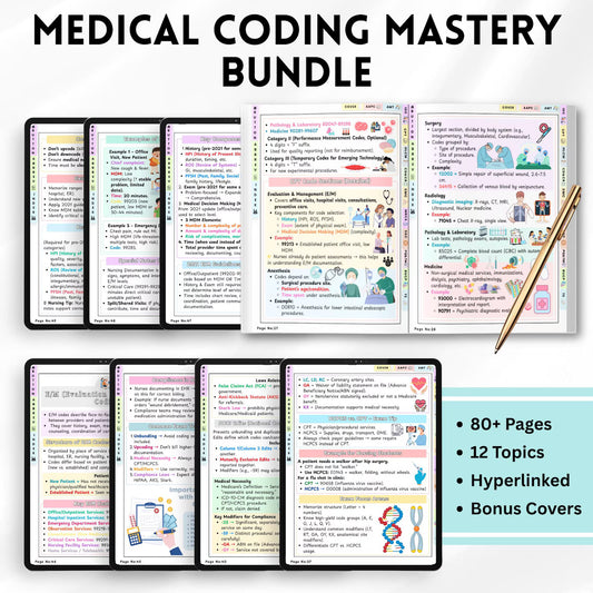 Medical Coding Bundle 400+ Pages | ICD-10 CPT Study Guide PDF | Coding Worksheets, Quizzes Cheat Sheets | Nursing & Healthcare Students