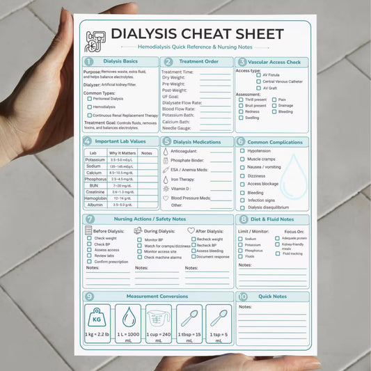 Dialysis Cheat Sheet PDF | Hemodialysis Nursing Notes | Renal Nursing Reference | Nursing School Printable | Digital Download