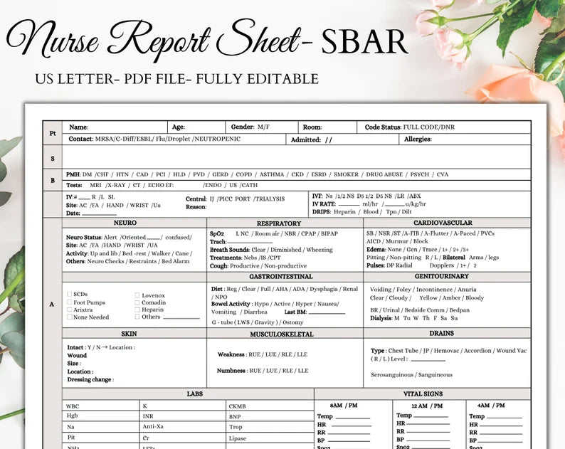 Nurse Sheet Report | Report sheet SBAR | Instant Download | Study Guide | Nurse Reporting | Printable Sheet