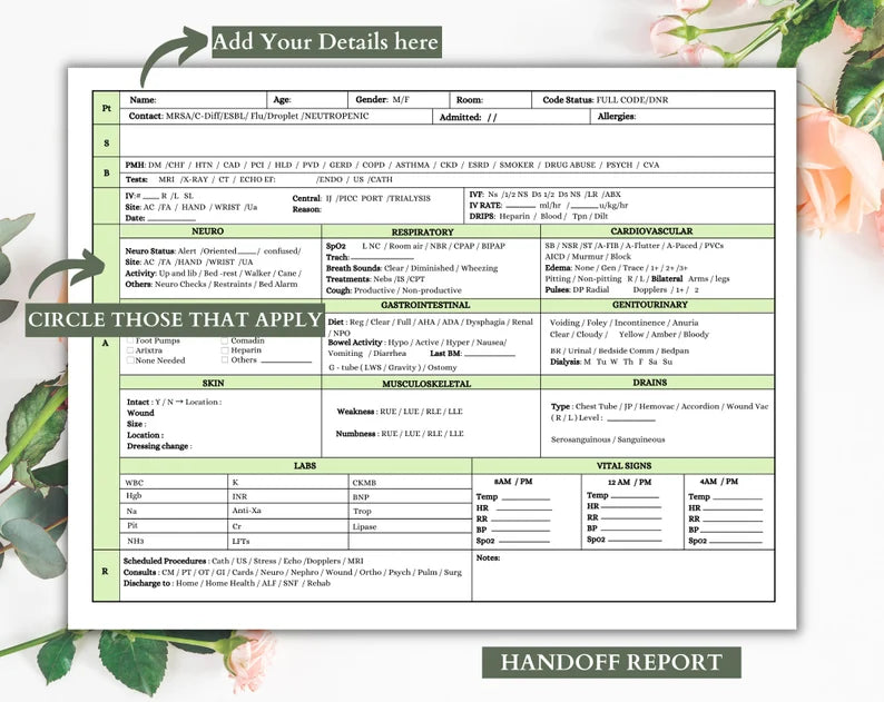 Nurse Sheet Report | Report sheet SBAR | Instant Download | Study Guide | Nurse Reporting | Printable Sheet