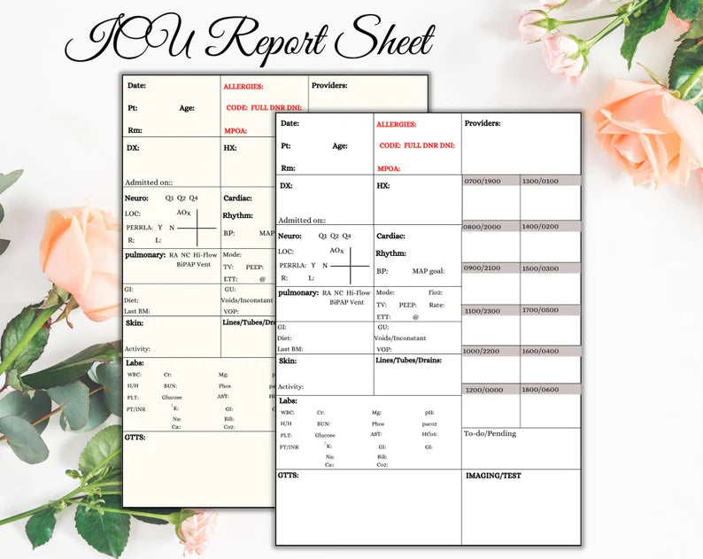 ICU Sheet Report |Nursing Report | Printable Sheet | Study Notes| Report Sheet | ICU Nurse Report | Digital Download