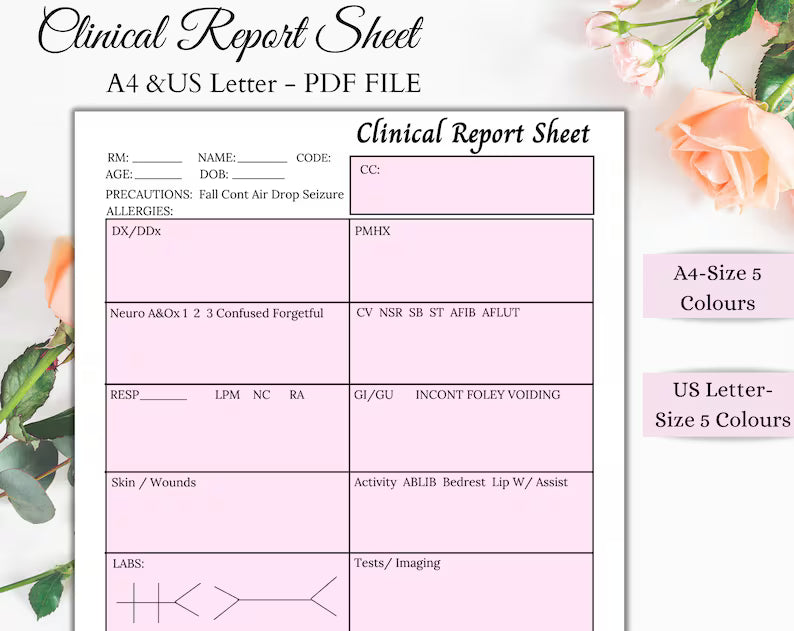 Clinical Report Sheet | Clinical Nurse | Printable Sheets | Clinical Template | Instant Download