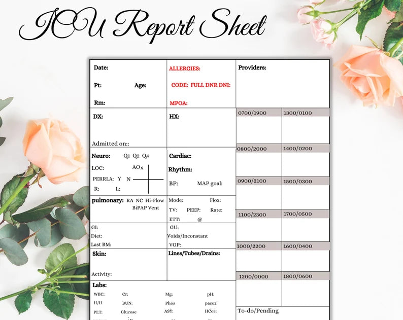 ICU Sheet Report |Nursing Report | Printable Sheet | Study Notes| Report Sheet | ICU Nurse Report | Digital Download