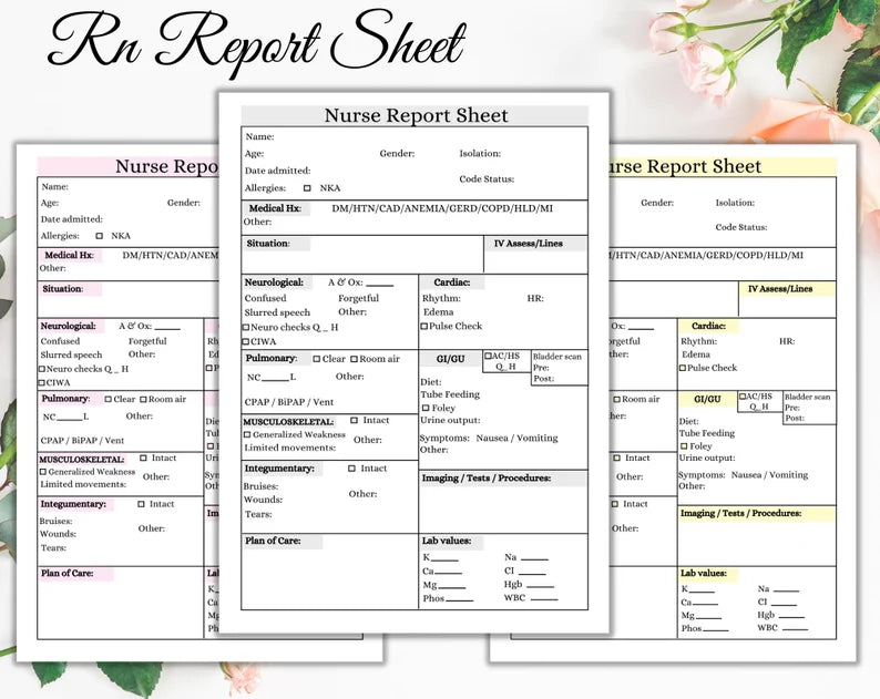 RN report sheet | Nrse Rport Seet | Printable Sheets | Nurse Brain Sheet | Digital Download