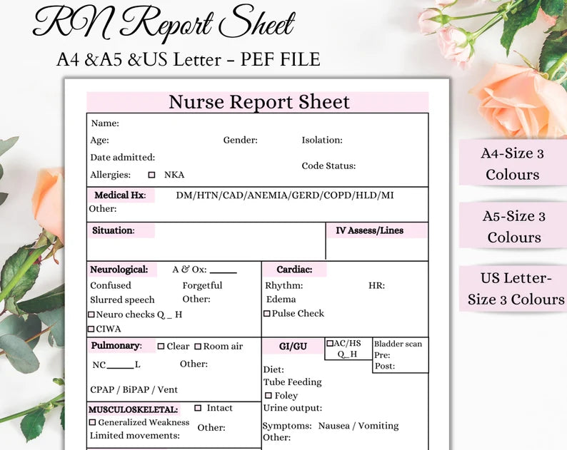 RN report sheet | Nrse Rport Seet | Printable Sheets | Nurse Brain Sheet | Digital Download