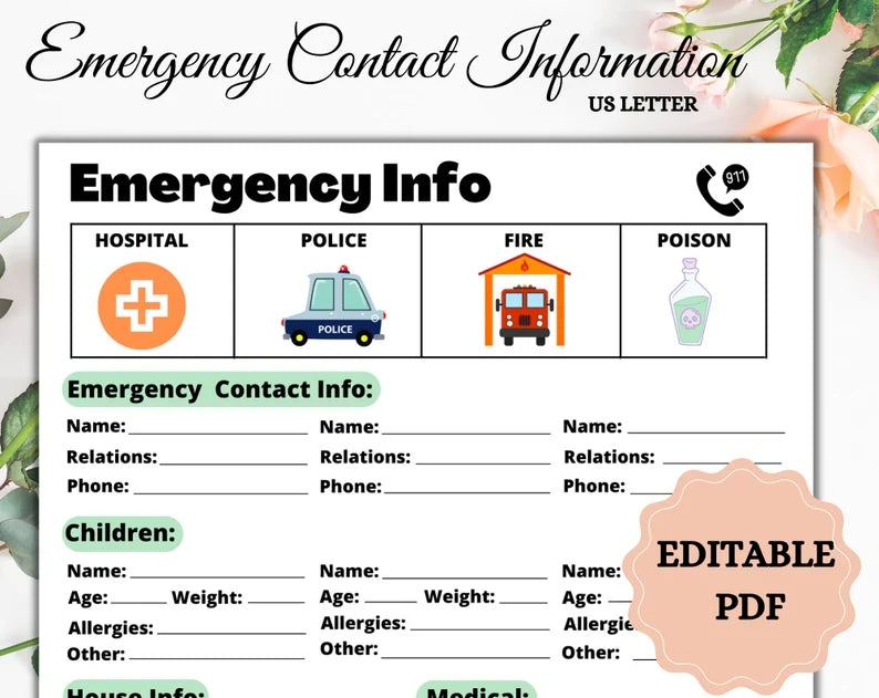 Emergency Contact | Medical Contact | Emergency Info | Digital Download | Information Sheet