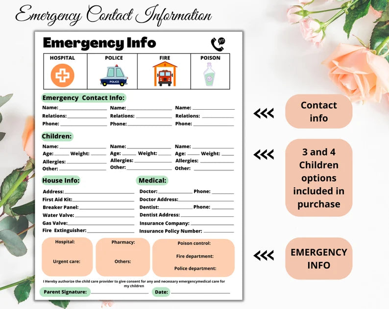 Emergency Contact | Medical Contact | Emergency Info | Digital Download | Information Sheet