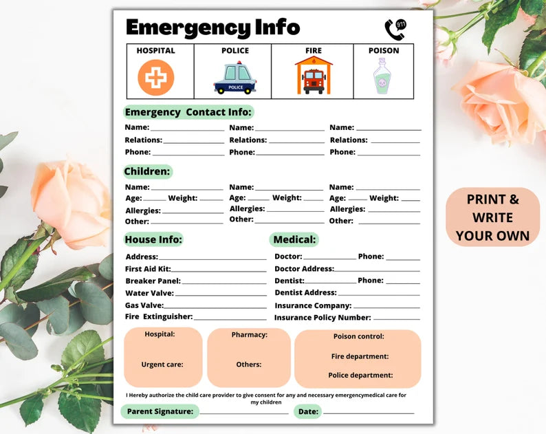Emergency Contact | Medical Contact | Emergency Info | Digital Download | Information Sheet