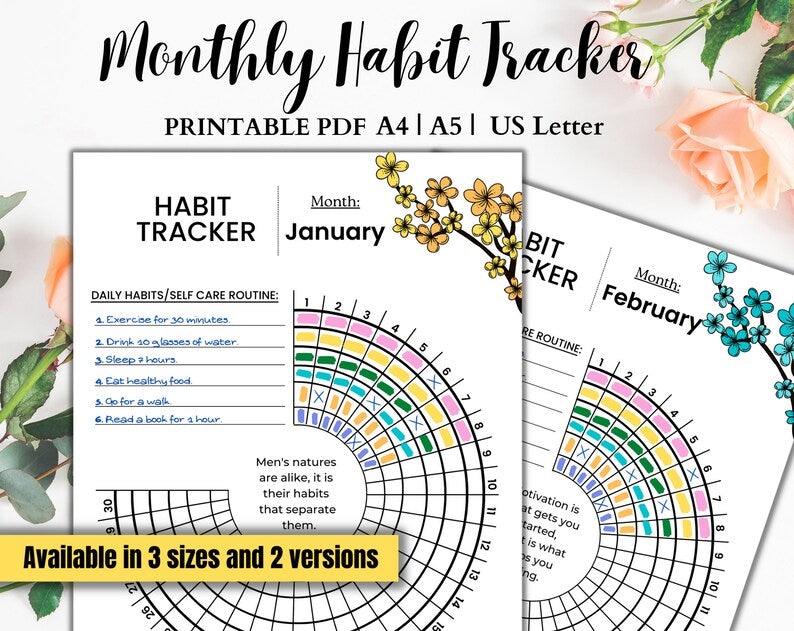 Daily Habit Tracker | Printable Tracker | Round Habit Tracker | Sizes A4 A5 US | Habit Track Printable | Instant Download | Annual Habit