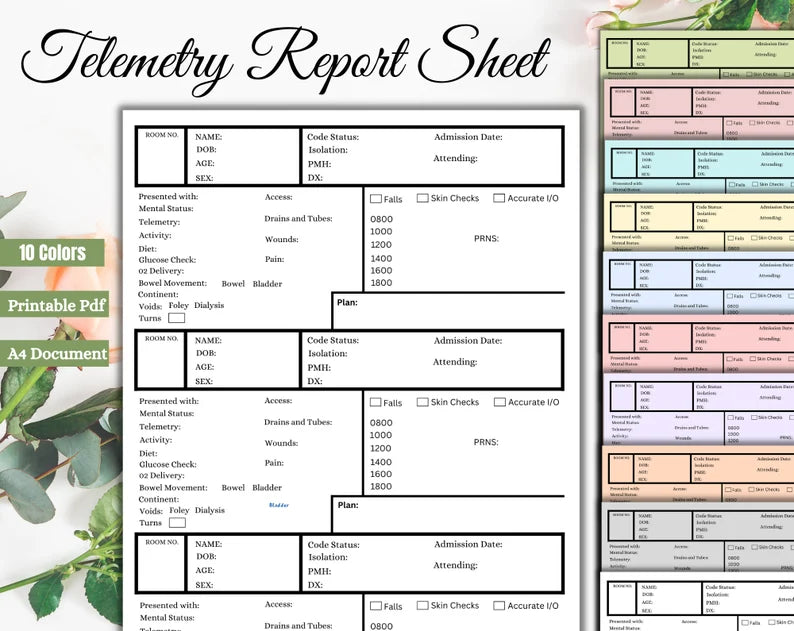 Telemetry Nurse Report Sheet | Printable Sheets | 10 Colours | Digital Download | Nurse Report Sheet | Nurse Medication