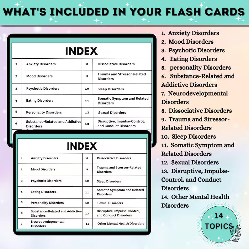 Mental Health Disorder Flash Cards 60 Pages | Study Guide | Nursing Study Notes | Psychologist Tools | Digital Download | Disorder Flashcard