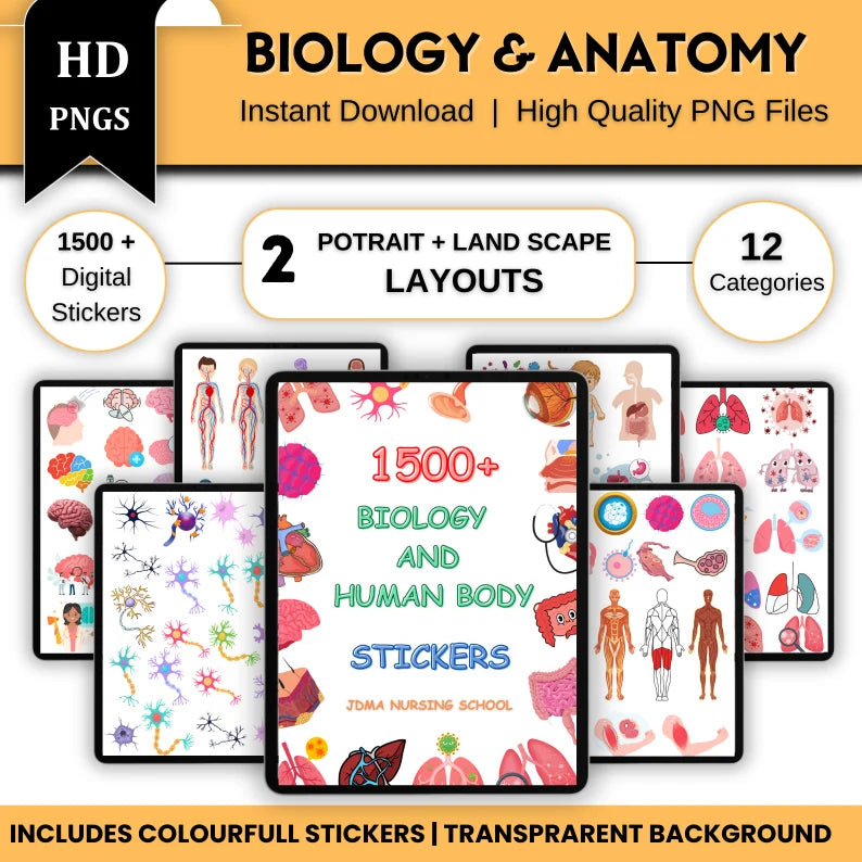 Human Biology Digital Stickers 1100+ | Biology Sticker | Colourful stickers | Nurse Stickers | PNG Files | Digital Download