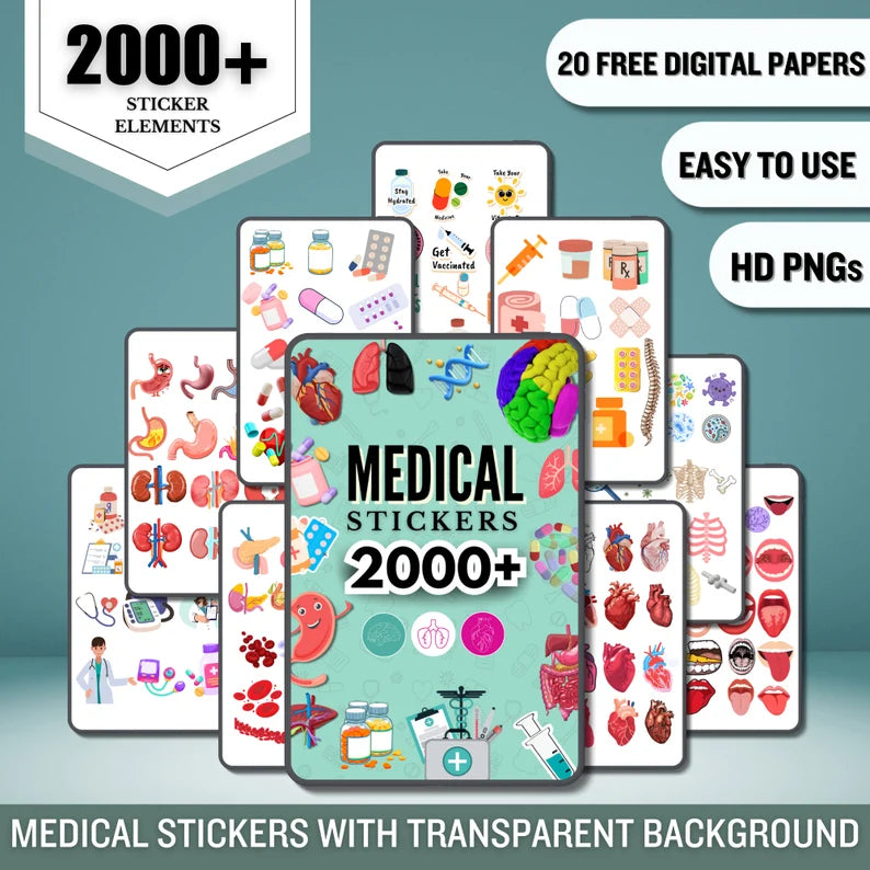 Medical Stickers 2000+transparent back Ground | Pre-cropped | Healthcare Sticker | Human Body Sticker | HD PGN file | Free Digital Paper