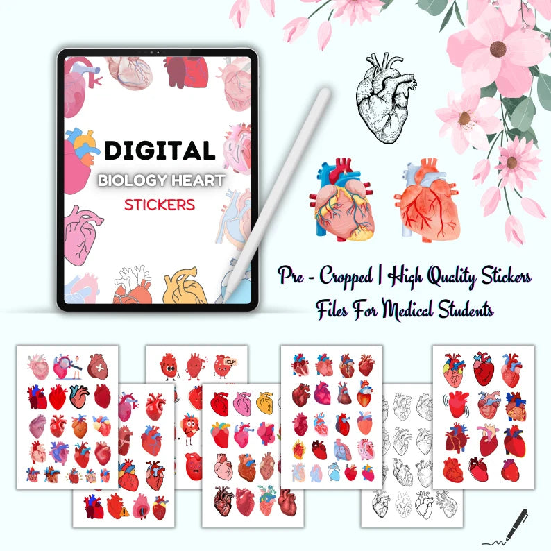 Digital Biology Heart Stickers 500+ | Pre-cropped Stickers | Free Digital Papers | Instant Download | Medical Stcikers | Easy to use HD PNGs