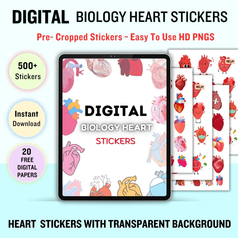 Digital Biology Heart Stickers 500+ | Pre-cropped Stickers | Free Digital Papers | Instant Download | Medical Stcikers | Easy to use HD PNGs
