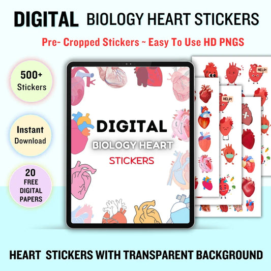 Digital Biology Heart Stickers 500+ | Pre-cropped Stickers | Free Digital Papers | Instant Download | Medical Stcikers | Easy to use HD PNGs