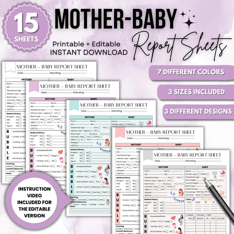 Mother Baby Report Sheet | 15 Pages Printable or Editable | Nurse Report Sheet | SBAR Nursing Report Sheet | Instant Download | Labour Sheet