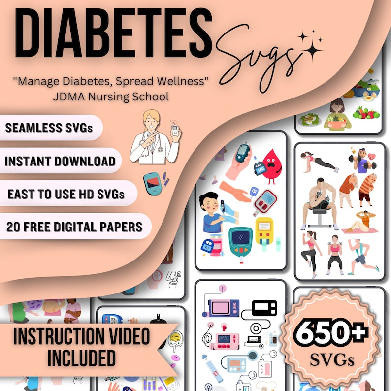Diabetes SVG’s 650+ Bundle | Human Body Svg | Nursing Stickers | Svg Bundle | Instant Download | Note Taking | Seamless svg | Digital Papers