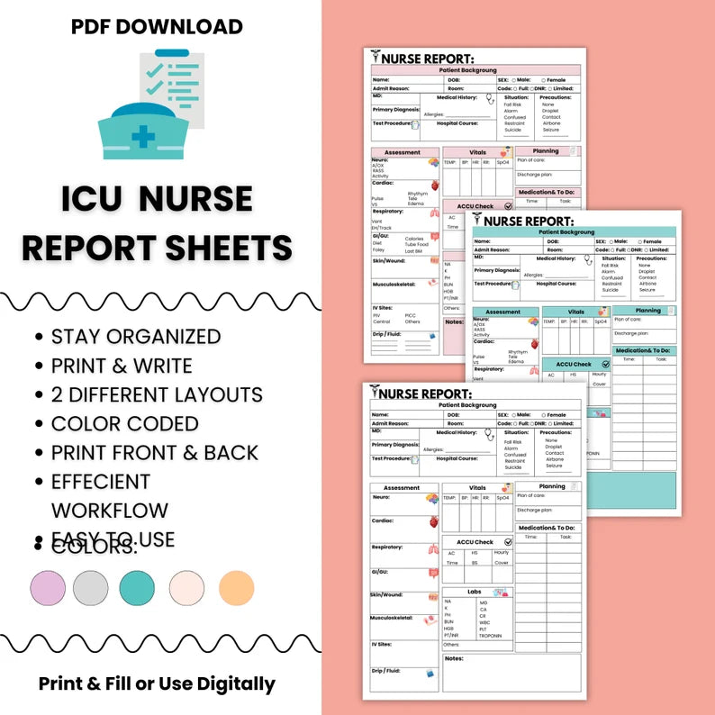ICU Nurse Report Sheet | ICU Nurse Handoff Sheet | Editable & Printable | Study Guide | 5 Different Colors | Instant Download Sheets
