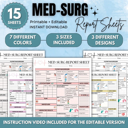 Med Surg Nurse Report Sheet – 15 Editable & Printable RN Brain Sheets (2 Sizes)