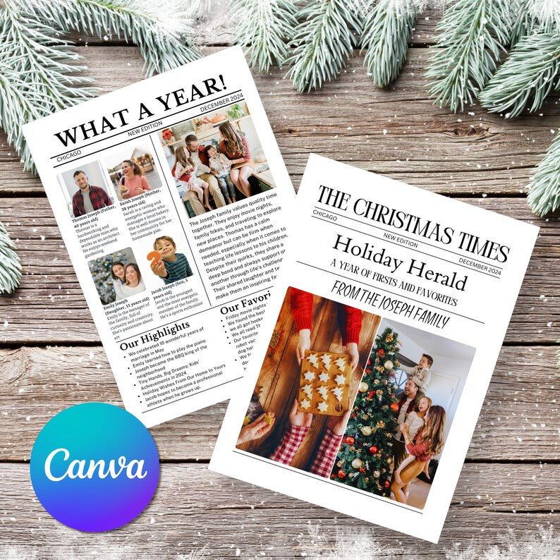 Year in Review Christmas Card Newsletters, Custom Newspaper, Christmas Letter, Editable Newsletter Template, Holiday Newsletter, Canva Edit