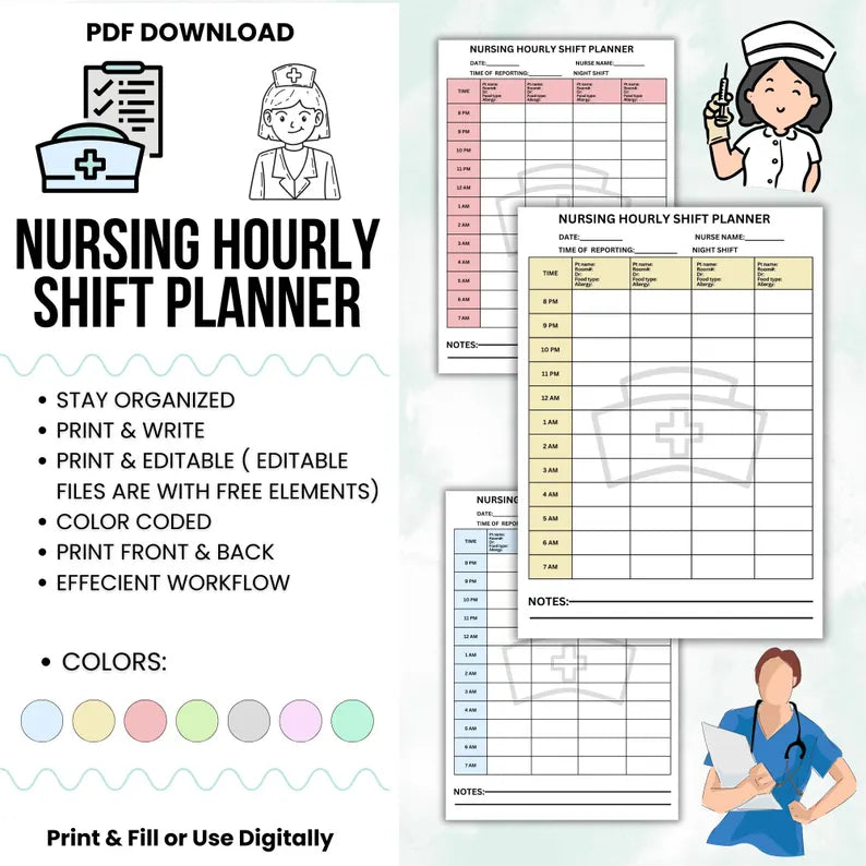 Nurse Hourly Shift Planner Editable | 4 Patient Medication | Report Sheet Nurse | Nurse Shift Day/Night Planner | Medsurg Report Sheet