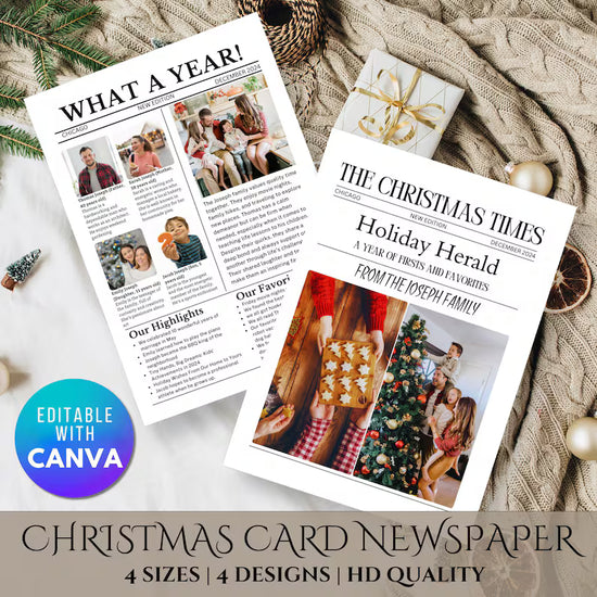 Year in Review Christmas Card Newsletters – Custom Newspaper (Editable Template)