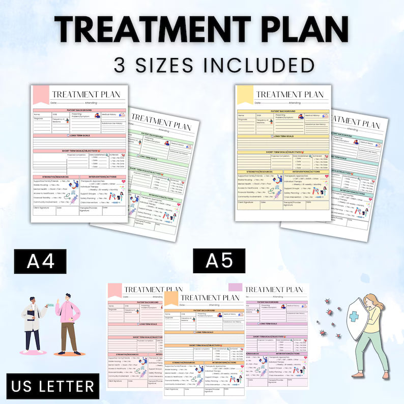 15 Sheets Treatment Plan, 3 Size or 3 Designs Included, Instant Download, Nursing School, Study Guide Sheets, Printable or Editable Sheet