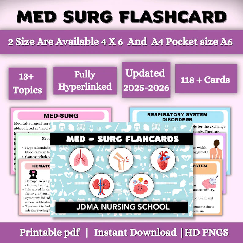 Med-Surg Flash Card with Hyperlinked | 118+FlashCard | Med-Surg Study Note | Nursing School Guide | Instant Download | Medical-Surgical Note