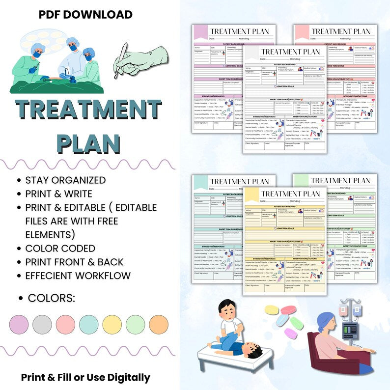 15 Sheets Treatment Plan, 3 Size or 3 Designs Included, Instant Download, Nursing School, Study Guide Sheets, Printable or Editable Sheet