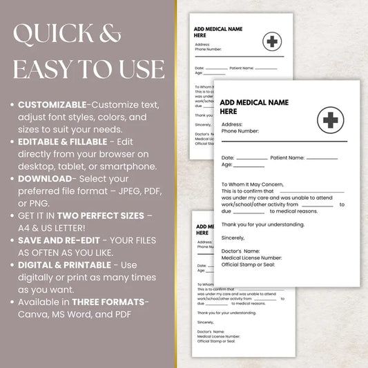 Editable Return to Work Note, Return to Work Form, Work Absence Note, Work Excuse Template, Doctor's Note Template, Return to Work Letter