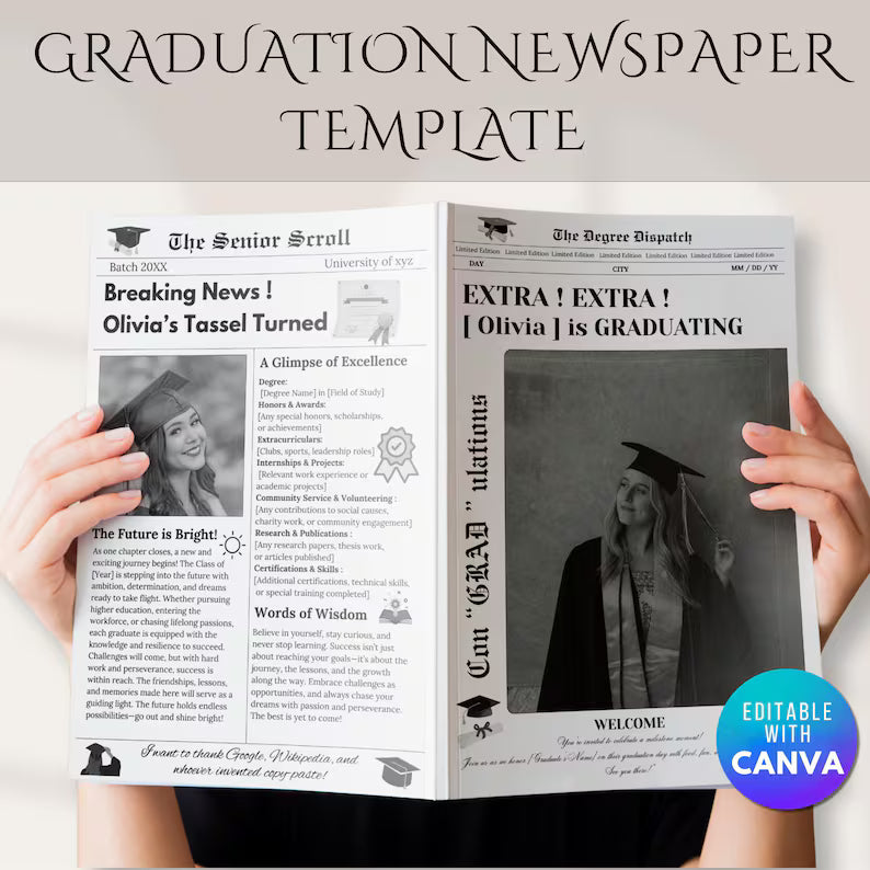 Graduation Newspaper Fully Editable Template, Graduation Newspaper Invitation, Canva Template, Graduation News Letter, Instant Download