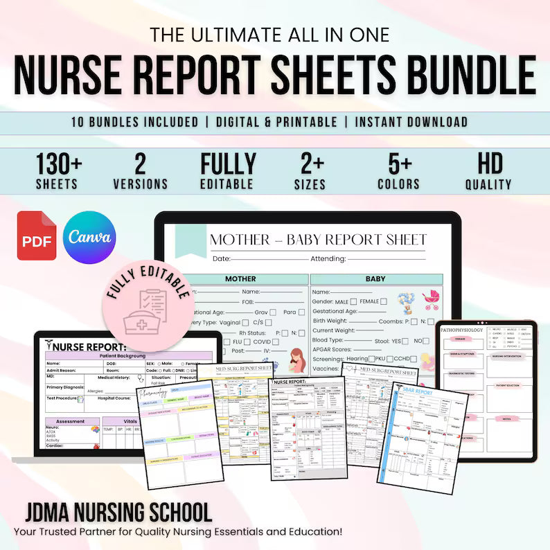130+ Nurse Report Sheets Mega Bundle, Med Surg, ICU, Pharmacology, Pathophysiology, SBAR, Mother Baby, Editable & Printable
