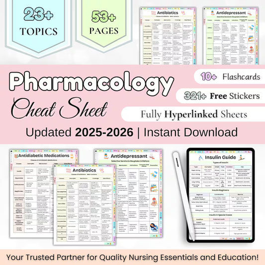 Pharmacology Cheat Sheets Bundle – 53+ Pages with Flashcards & Stickers
