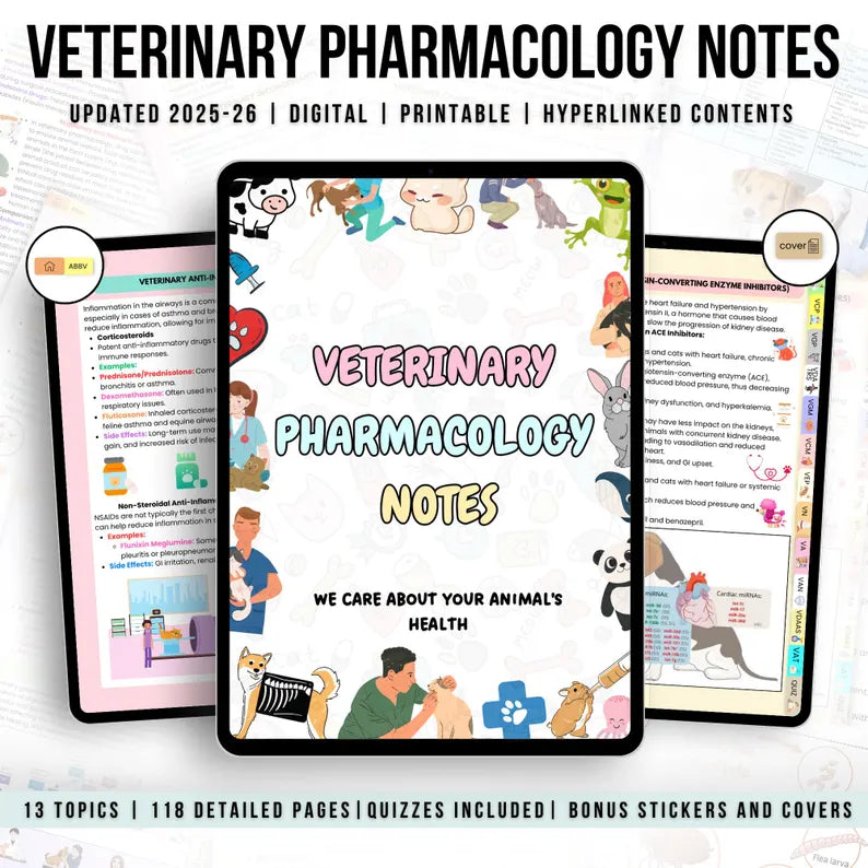 118+Veterinary Pharmacology Notes Hyperlinked, Nursing School Note, Bonus Stickers Covers Quizzes, Veterinary Nurse Study Guide, Vet Medical