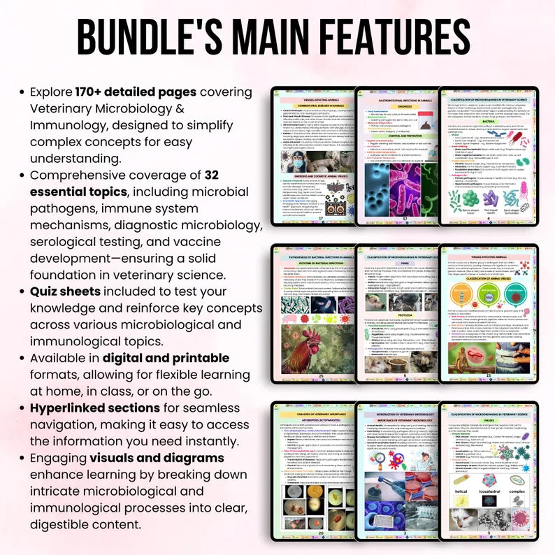 Veterinary Microbiology Bundle Fully Hyperlinked, Bonus Stickers Cover & Quizzes, Digital PDF, Study Guide, Nurse Notes