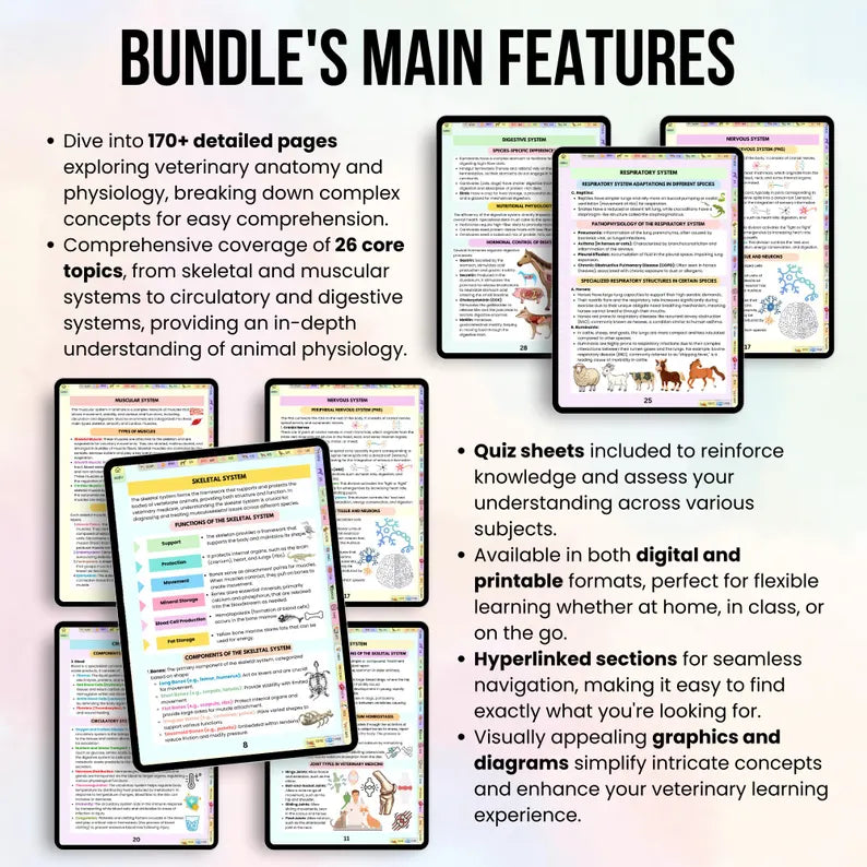 168+ Veterinary Anatomy & Physiology Bundle with Hyperlinked, Anatomy Study Guide, Vet Nursing, Medical Notes, Veterinary Technician Study