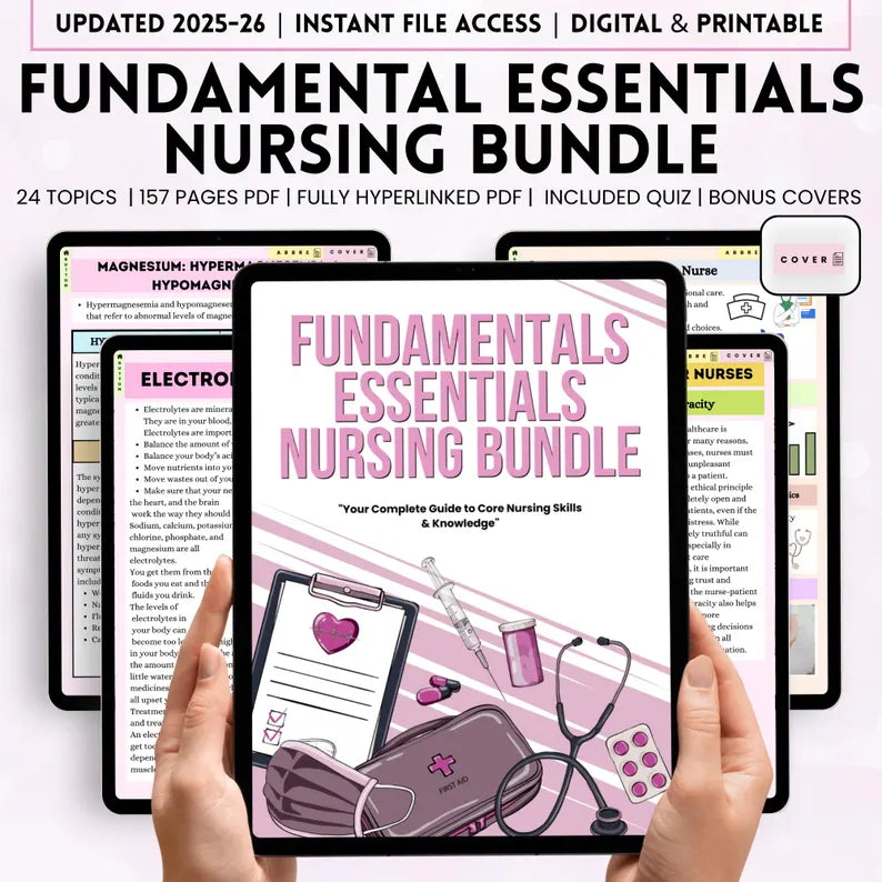 150+ Fundamental Essentials Nursing Bundle, Nursing Study Guide, Included Quiz Bonus Covers, Student Nurse Bundle, Nursing School Printables