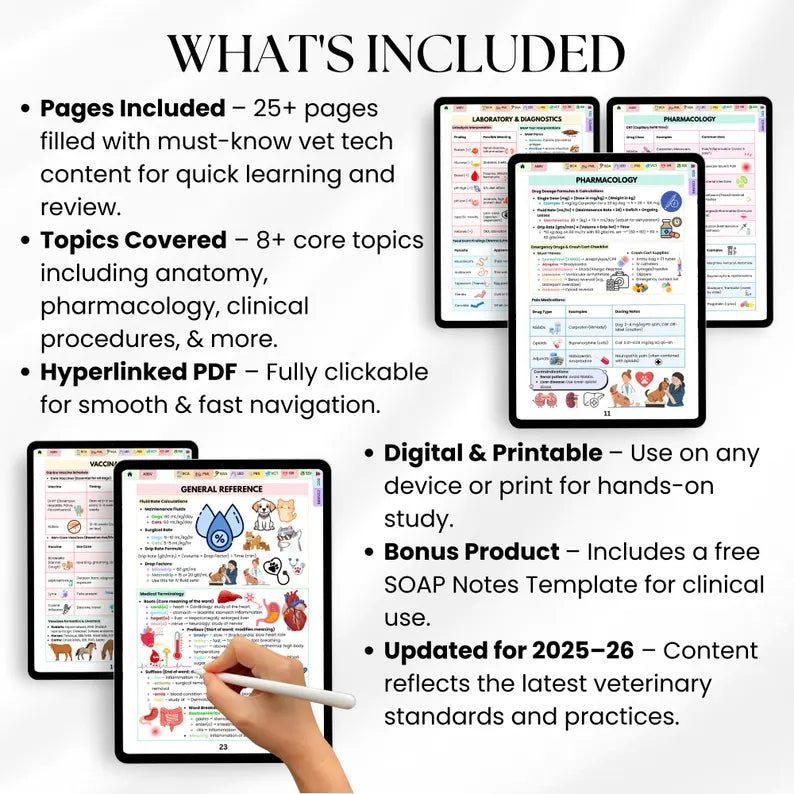 25+ Vetnerinary Tech Cheat sheets, Bonus Soap Notes Template, Veterinary Info Sheets, Veterinary Assistant Notes, Vet Tech Study Guide PDF