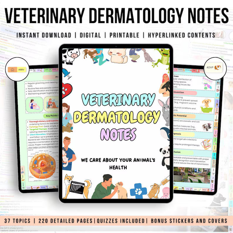 215+ Veterinary Dermatology Notes Hyperlinked, UPDATED 2026-27, Dermatology Notes, Vet Dermatology Guide, Bonus Stickers Covers Quizzes
