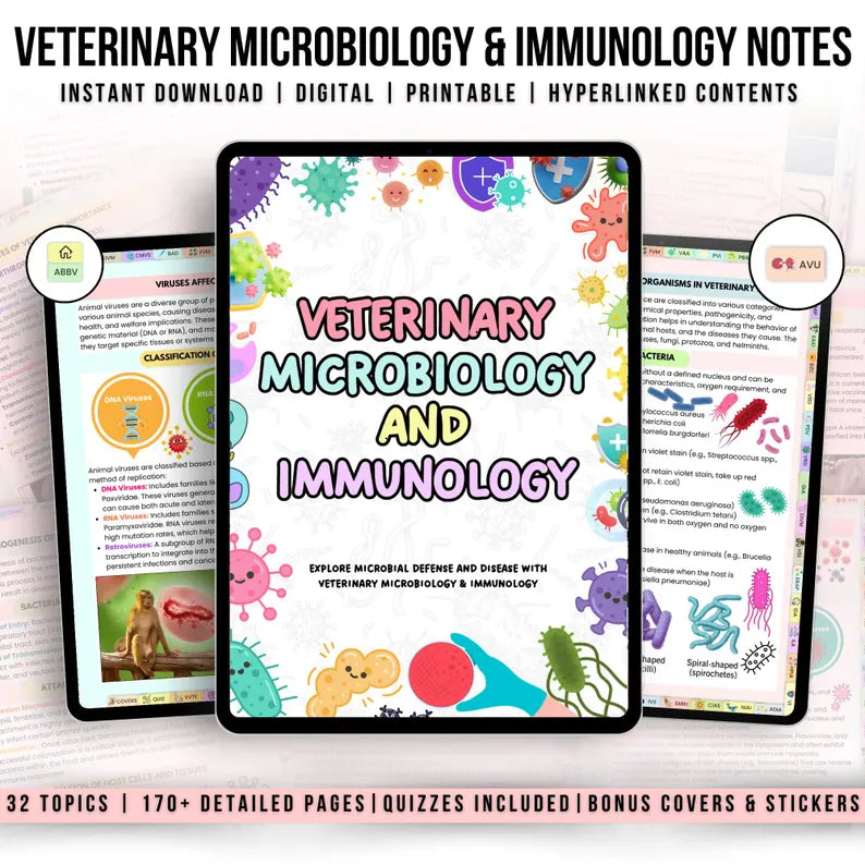 Veterinary Microbiology Bundle Fully Hyperlinked, Bonus Stickers Cover & Quizzes, Digital PDF, Study Guide, Nurse Notes