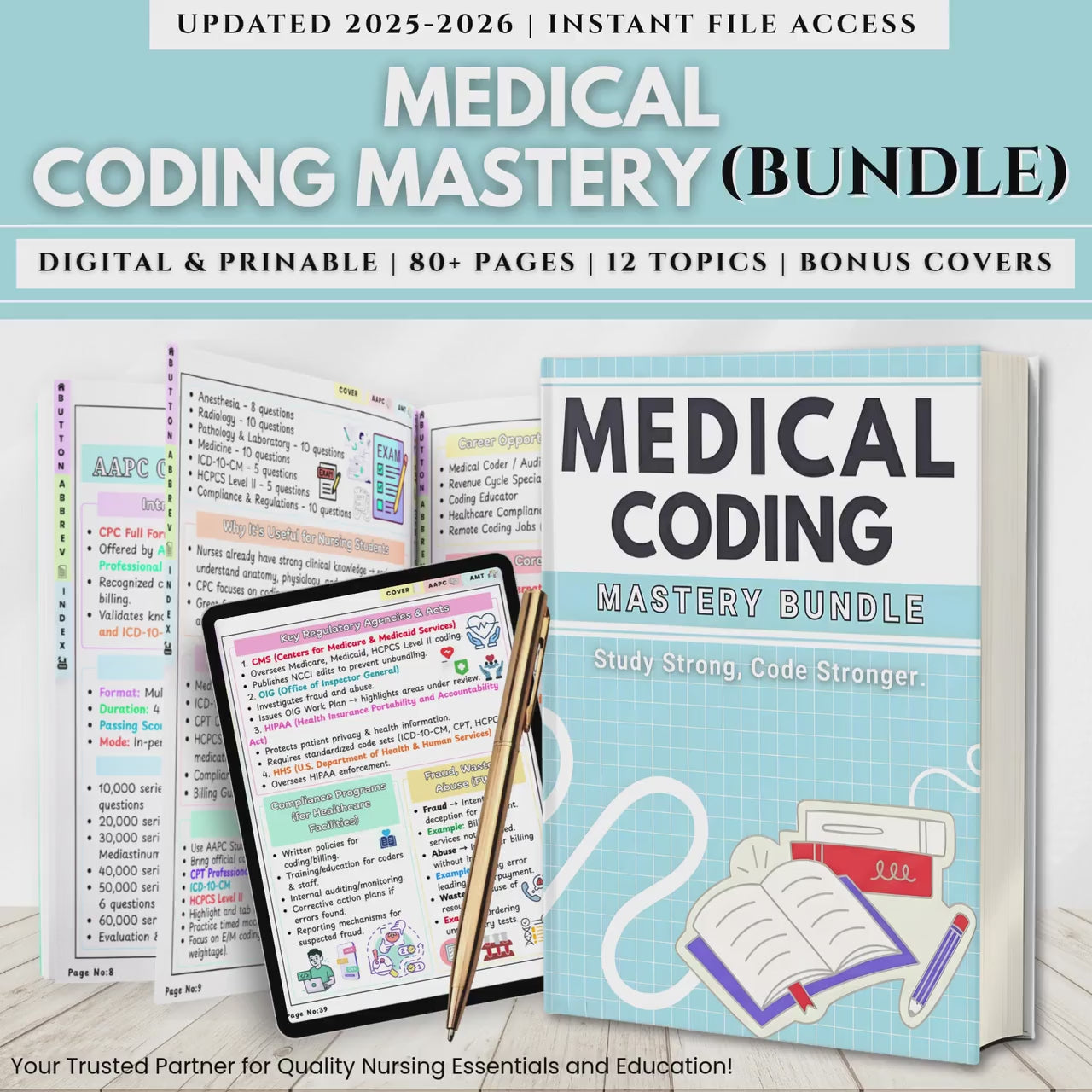 Medical Coding Study Guide Bundle, Nursing study notes, ICD-10 & CPT Reference Sheets, 80+ Pages, Anatomy Charts Printable, Digital Download