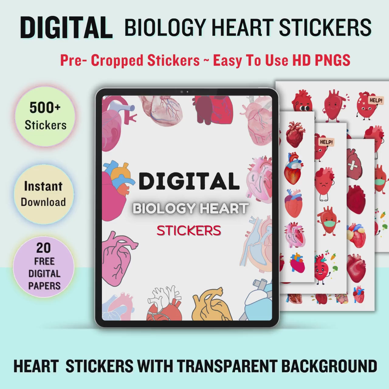 Digital Biology Heart Stickers 500+ | Pre-cropped Stickers | Free Digital Papers | Instant Download | Medical Stcikers | Easy to use HD PNGs