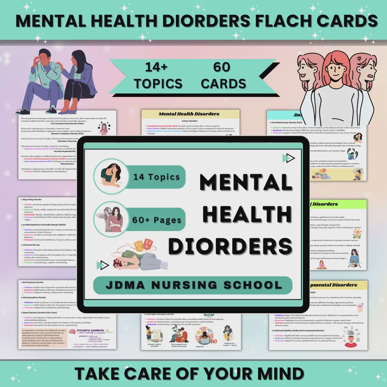Mental Health Disorder Flash Cards 60 Pages | Study Guide | Nursing Study Notes | Psychologist Tools | Digital Download | Disorder Flashcard