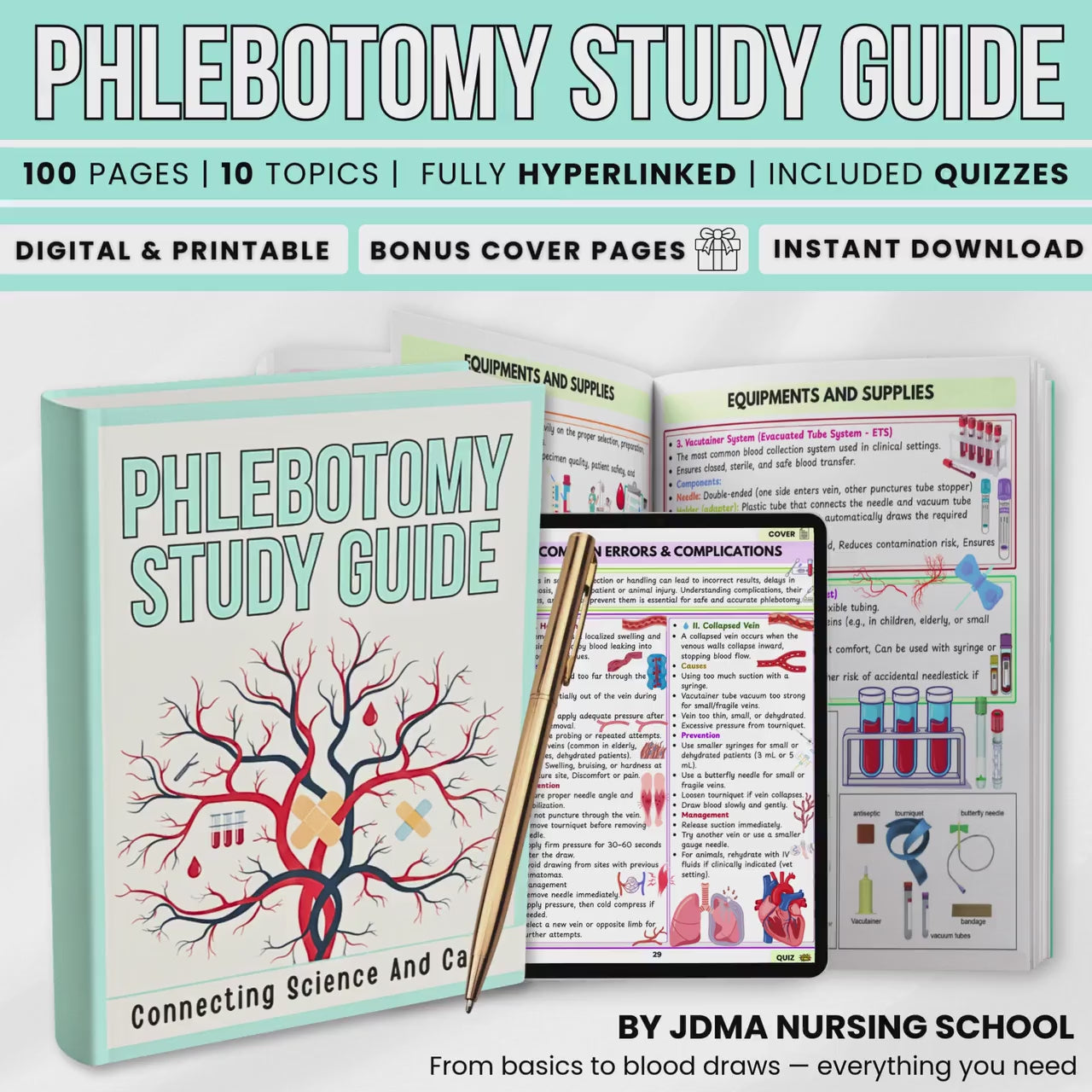 Phlebotomy Study Guide PDF | Blood Draw & Nursing Study Aid | Lab Technician Study | 100 Pages | Included Quizzes | Medical Printable