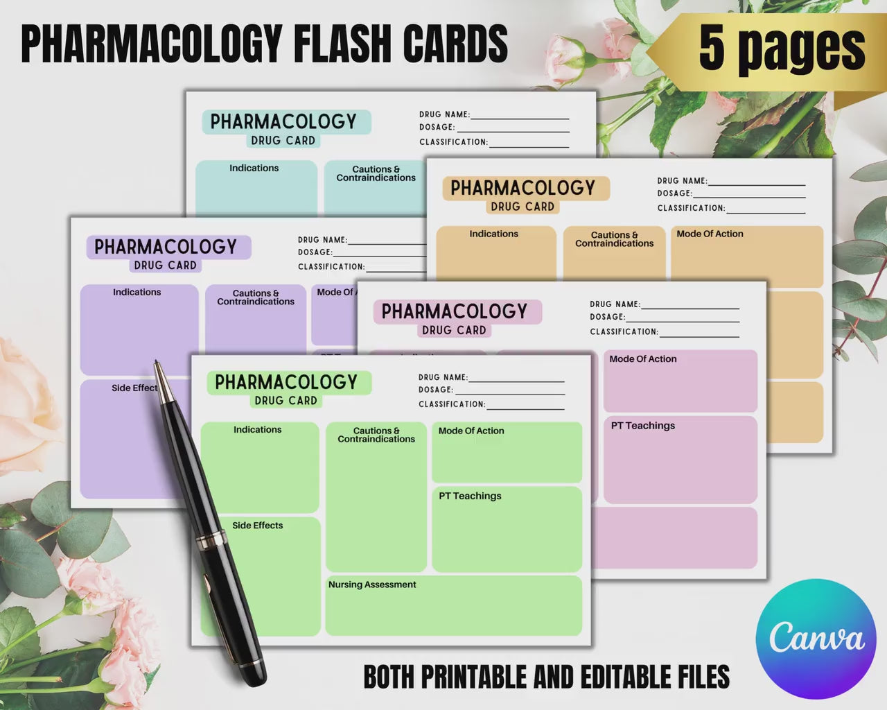 Pharmacology Drug Card Template | Nursing Pharmacology | Printable Drug Card | Pharmacology Notes | Nurse Study Guide | 5 Colours