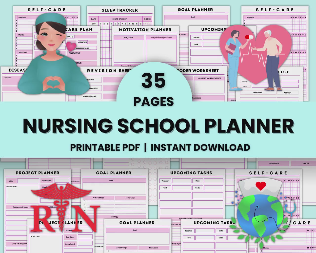 Nursing School Planner 35Pages | Nursing Notes | Planner For Nursing Students | Nursing Study Guide | Instant Download | Printable Planner