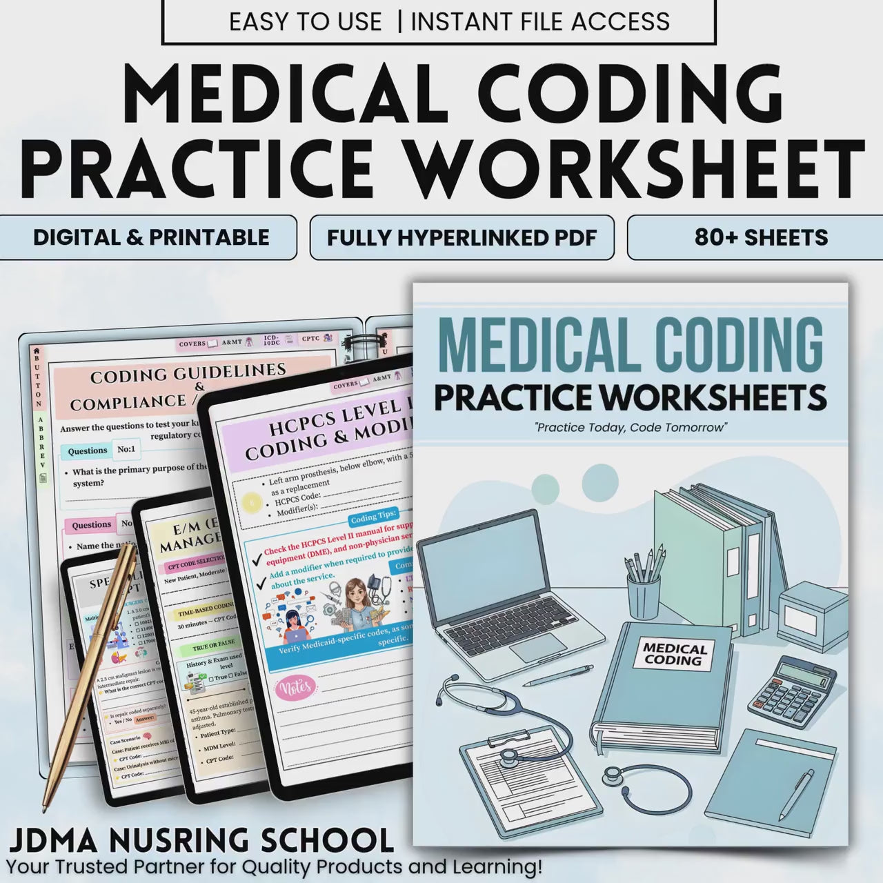 Medical Coding Practice Worksheets, icd-10-cm CPT HCPCS Study Pack, Hyperlinked Printable PDF, 80+ Sheets Digital Download