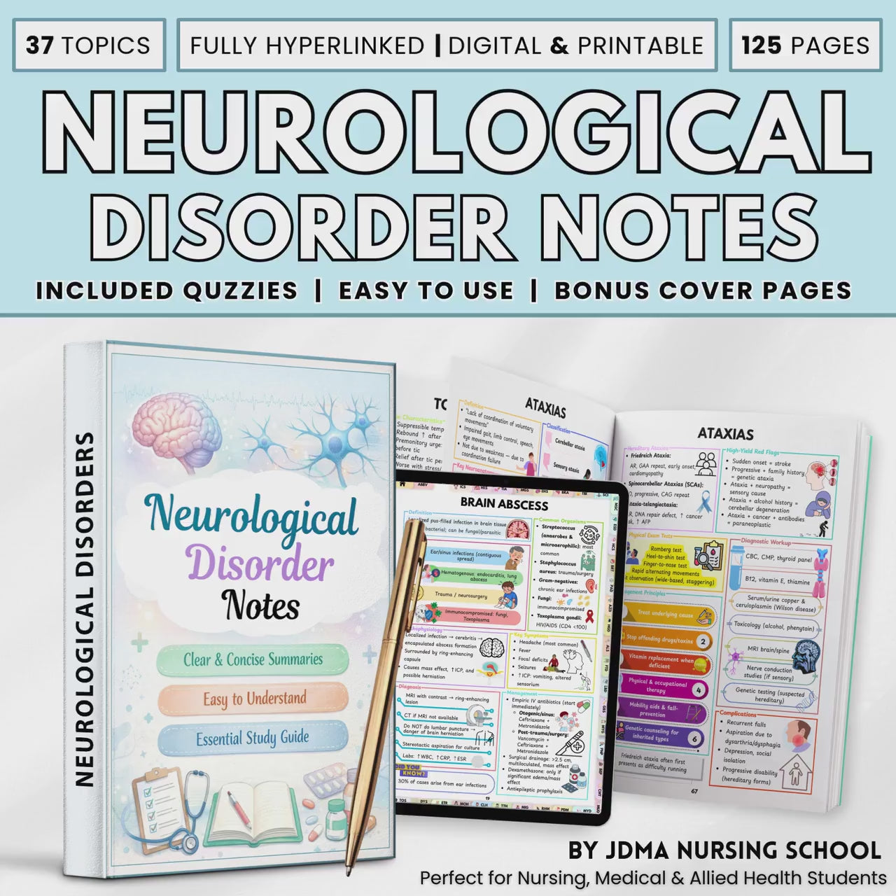 Neurology Study Guide | Nursing Student Resources | Neurological Disorders Notes | 120+ Page Digital & Printable PDF